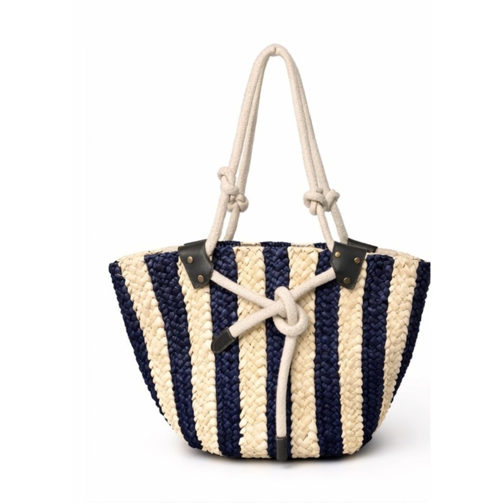 Womens Beach Tote Natural & Navy Blue Stripe Woven Cornhusk Rope‎ Handles Lined